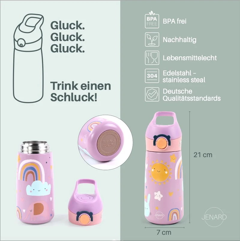 JENARD® Trinkflasche für Kinder aus doppelwandigem Edelstahl - Rosa / Regenbogen