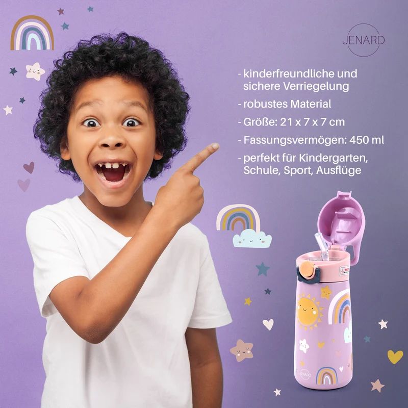 JENARD® Trinkflasche für Kinder aus doppelwandigem Edelstahl - Rosa / Regenbogen