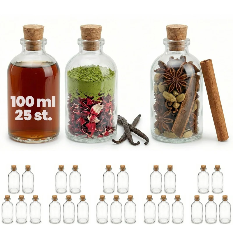 casavetro 25 Glasflaschen 100ml mit Korken – Kleine Flaschen zum Befüllen klar & leer – Likörflaschen Mini Glasfläschchen 100 ml für Deko Gastgeschenke DIY