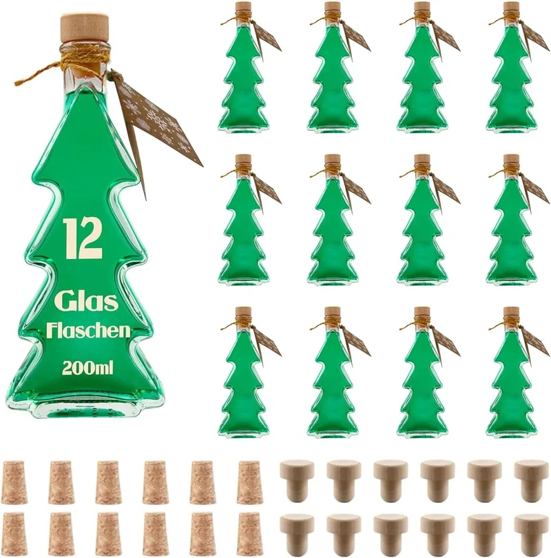 slkfactory 12 x 200 ml Glasflaschen Tannenbaum Flaschen Flasche Tanne Weihnachtsflaschen Likörflaschen Schnapsflaschen 0,2 Liter l (12 Stück)
