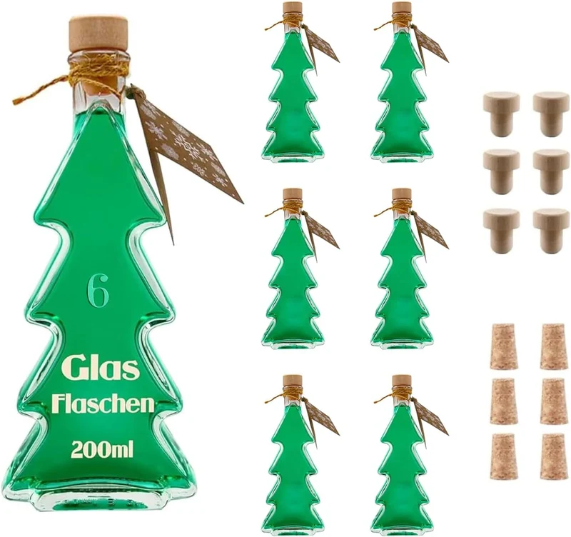 slkfactory 6 x 200 ml Glasflaschen Tannenbaum Flaschen Flasche Tanne Weihnachtsflaschen Likörflaschen Schnapsflaschen 0,2 Liter l (6 Stück)