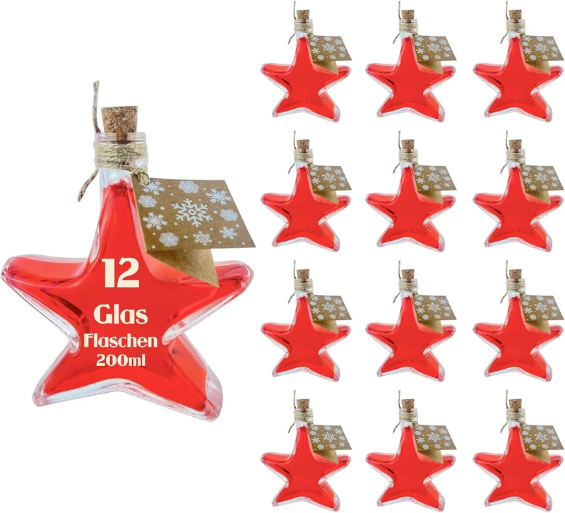 slkfactory 12 x 200 ml Stern Flaschen Glasflaschen Likörflaschen Schnapsflaschen Weihnachtsflaschen Weihnachten (12 x 200 ml-inkl.alles)