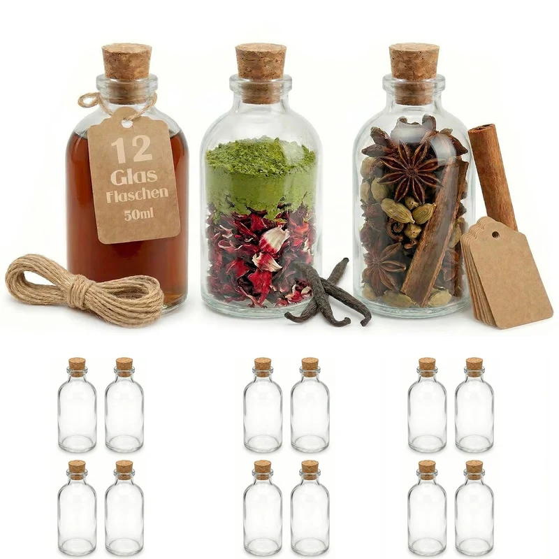 Casavetro 12 x 50 ml kleine Glas-Fläschchen mit Kork Deckel Glasflaschen für Hochzeit Geschenke set Gastgeschenke (12 Stück- inkl.alles)