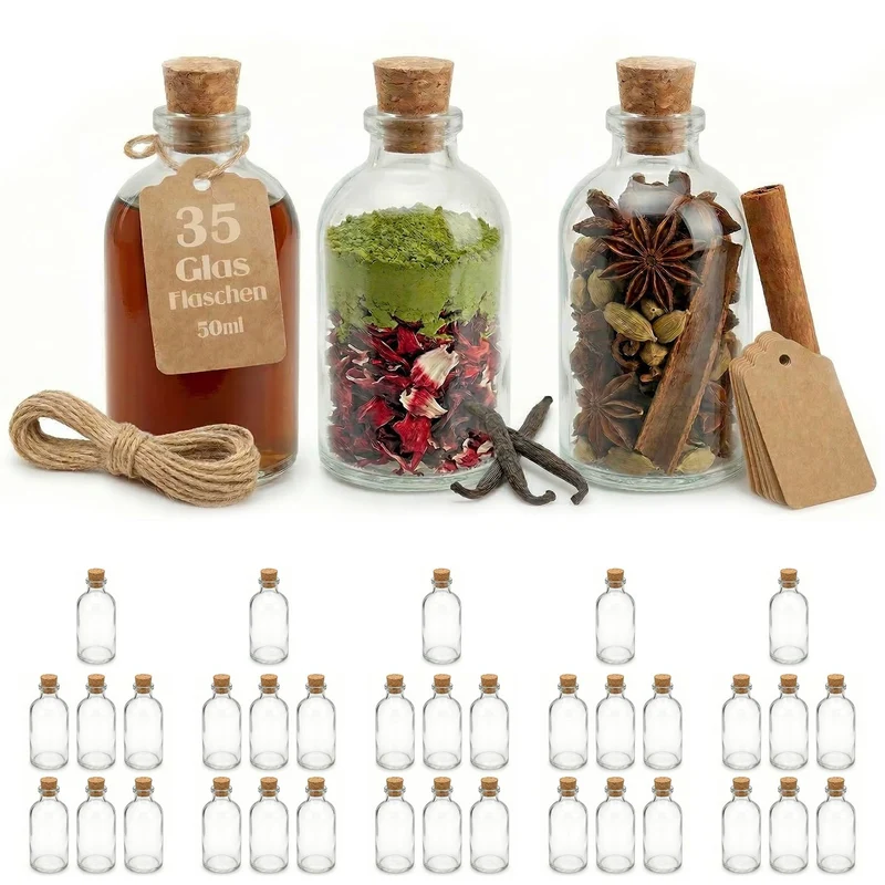 Casavetro 35 x 50 ml kleine Glas-Fläschchen mit Kork Deckel Glasflaschen für Hochzeit Geschenke set Gastgeschenke (35 Stück- inkl.alles)