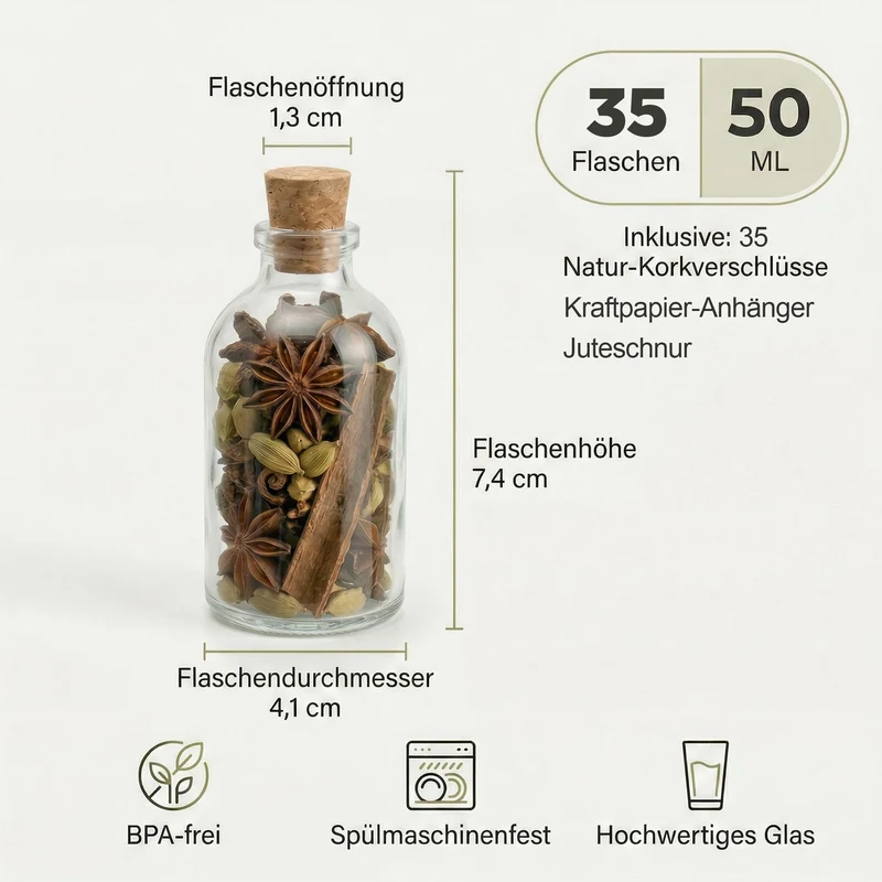 Casavetro 35 x 50 ml kleine Glas-Fläschchen mit Kork Deckel Glasflaschen für Hochzeit Geschenke set Gastgeschenke (35 Stück- inkl.alles)