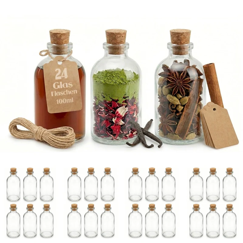 Casavetro 24 x 100 ml kleine Glas-Fläschchen mit Kork Deckel Glasflaschen für Hochzeit Geschenke set Gastgeschenke (24 Stück- inkl.alles)