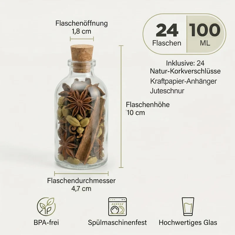 Casavetro 24 x 100 ml kleine Glas-Fläschchen mit Kork Deckel Glasflaschen für Hochzeit Geschenke set Gastgeschenke (24 Stück- inkl.alles)