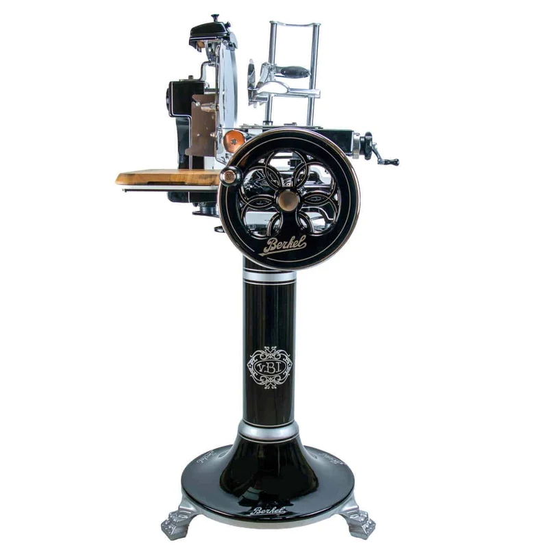 Berkel Volano B3 Schwarz, Schwungrad Aufschnittmaschine mit Standfuß und Schneidebrett Fassholz