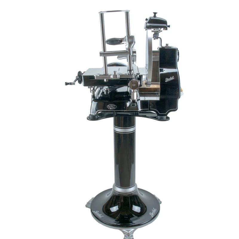 Berkel Volano B3 Schwarz, Schwungrad Aufschnittmaschine mit Standfuß und Schneidebrett Fassholz