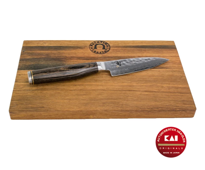 Kai Shun Premier Tim Mälzer Serie TDM-1700 Officemesser + handgefertigtes Vesperbrett aus alten Fassdauben 25x15 cm