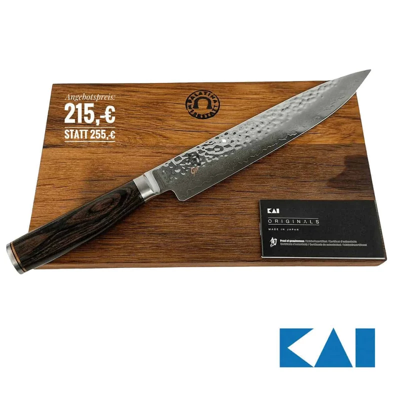 Kai Shun Premier Tim Mälzer TDM-1704 ultrascharfes Japanisches Messer, Schinkenmesser aus Damaststahl+ massives Schneidebrett aus Fassholz 30x18 cm