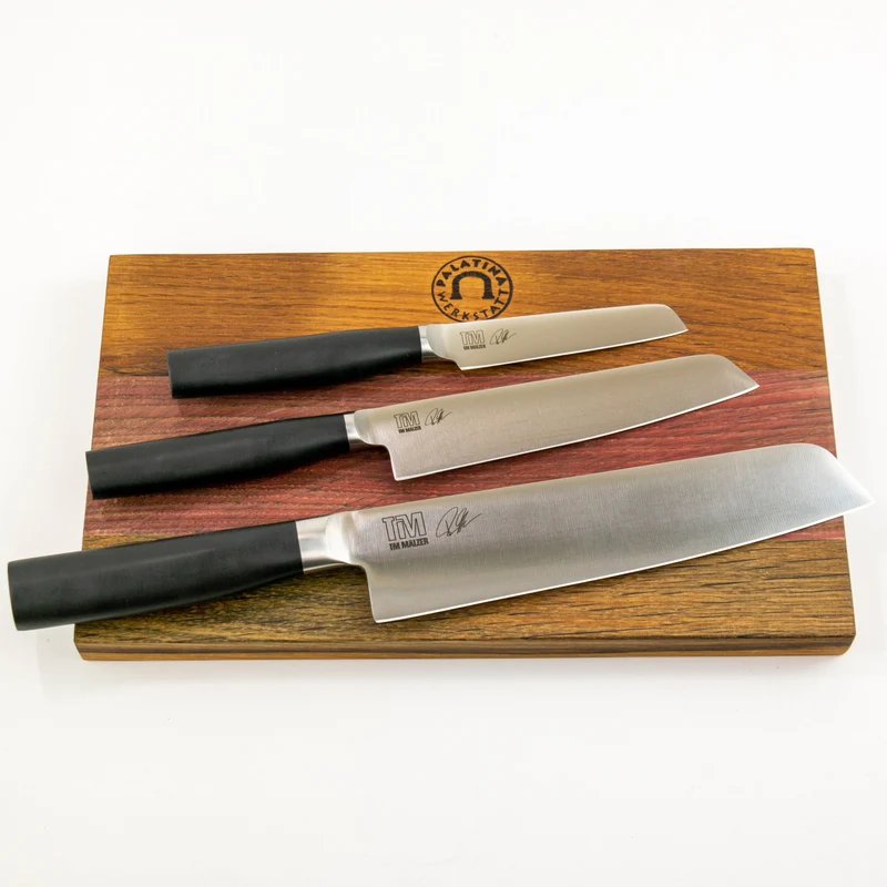 Kai Shun Tim Mälzer Kamagata Geschenkset | 3 Messer + massives Fassholzbrett 30x18 cm