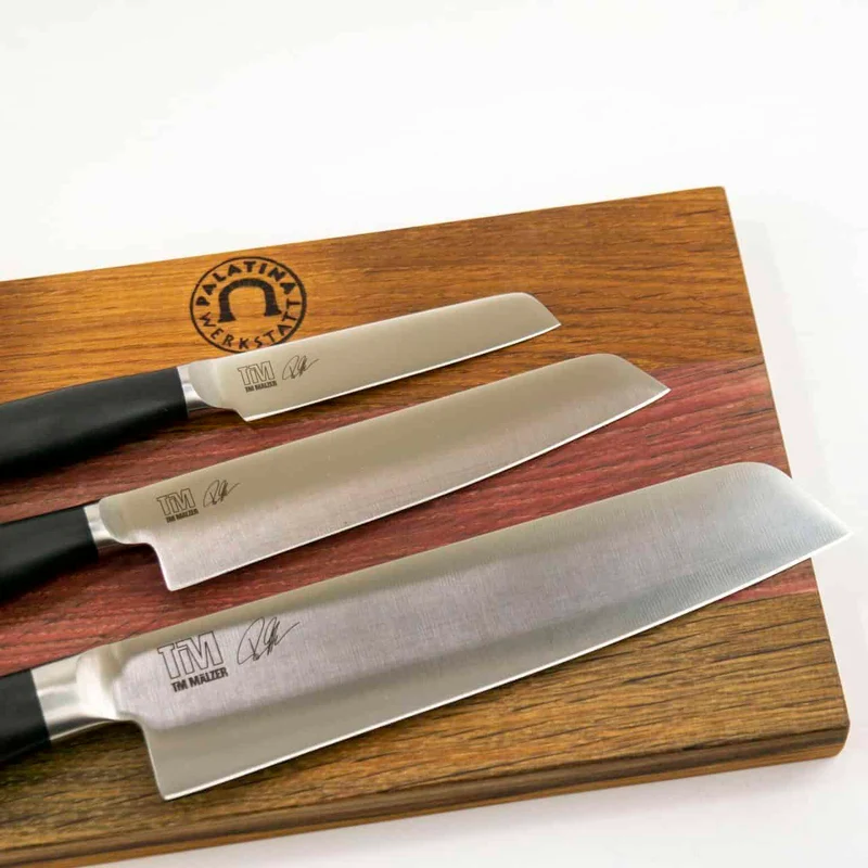 Kai Shun Tim Mälzer Kamagata Geschenkset | 3 Messer + massives Fassholzbrett 30x18 cm