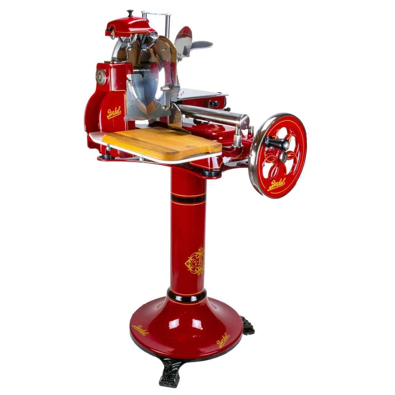Berkel Volano B3 Rot, Schwungradmaschine mit Standfuß und Fassholzeinlegebrett