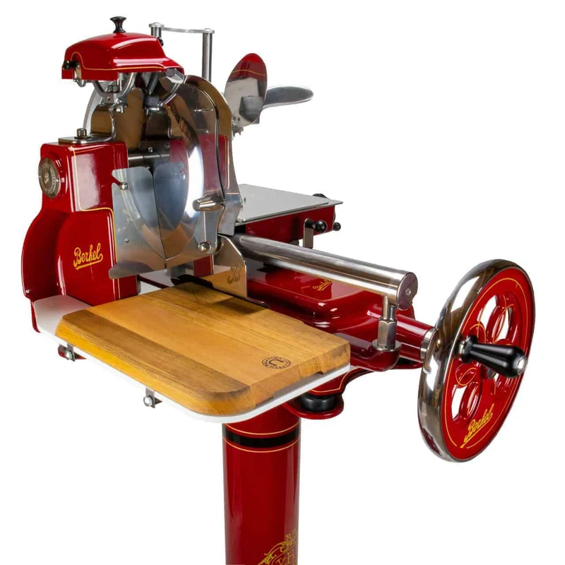Berkel Volano B3 Rot, Schwungradmaschine mit Standfuß und Fassholzeinlegebrett