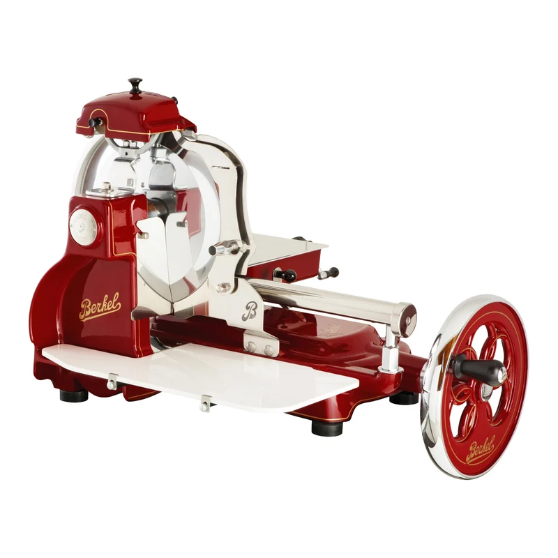Berkel Volano B3 Rot, Schwungradmaschine mit Standfuß und Fassholzeinlegebrett