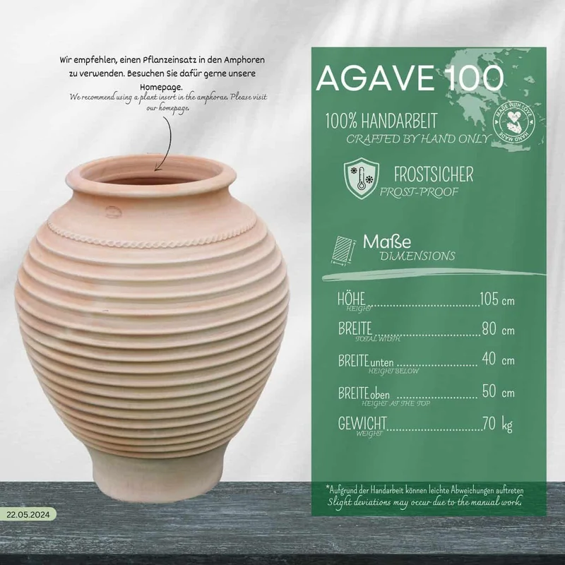 frostfeste Terracotta Amphore „Agave“, H=100cm