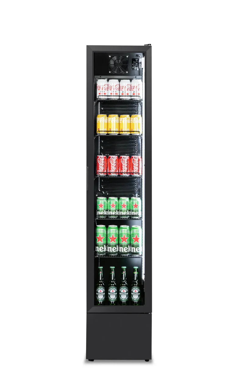 Getränkekühlschrank Glastür Schmall Schwarz NAP-150 - 390x470x1880 mm - 0.138 kW