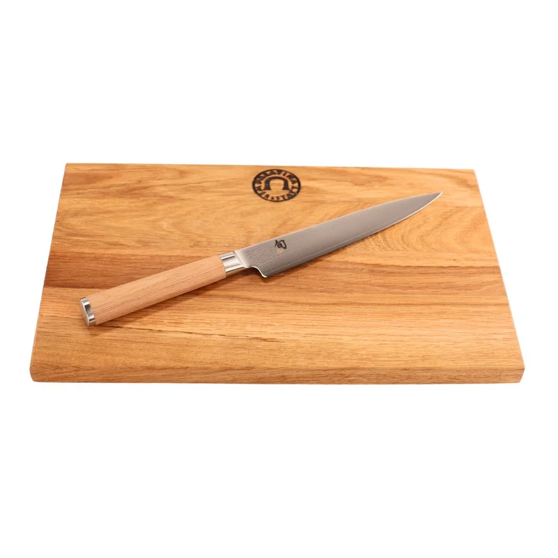 Kai Shun Classic White DM-0701W Allzweckmesser | 15 cm Klinge + Weinfass Küchenbrett 30x20 cm