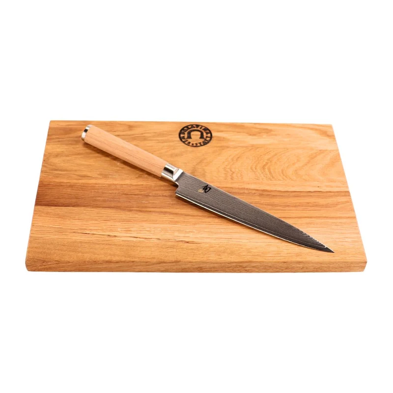 Kai Shun Classic White DM-0701W Allzweckmesser | 15 cm Klinge + Weinfass Küchenbrett 30x20 cm