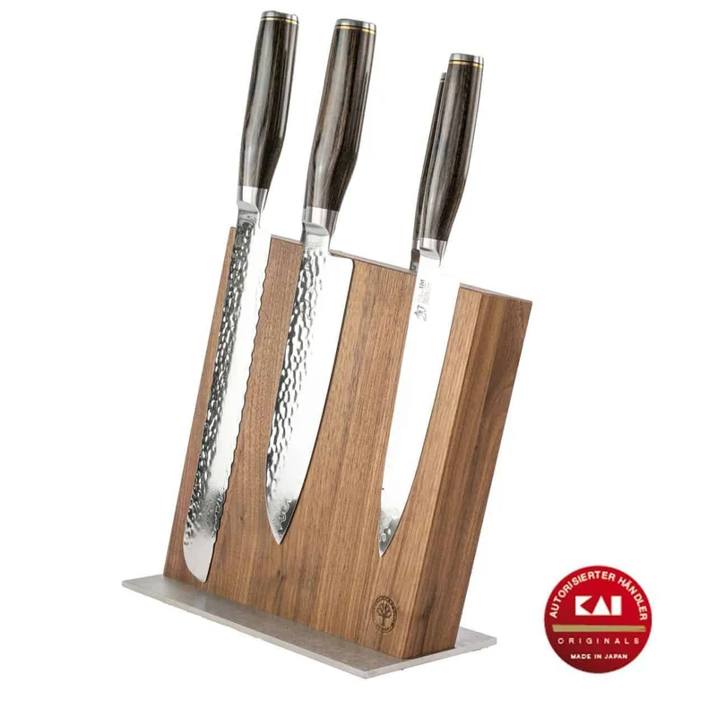 Exklusives Messerblock- Set - KAI Shun Tim Mälzer Damastmesser mit hochwertigem Magnet-Messerblock aus Walnuss von Böker