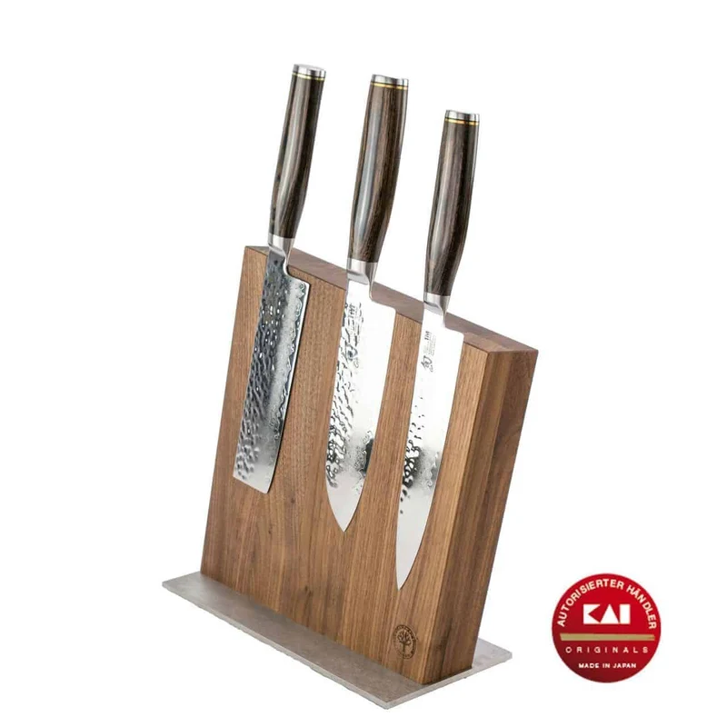 Exklusives Messerblock- Set - KAI Shun Tim Mälzer Damastmesser mit hochwertigem Magnet-Messerblock aus Walnuss von Böker