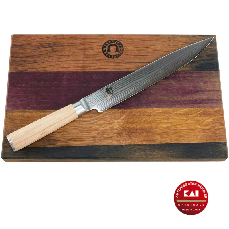 Kai Shun Classic White DM-0704W Schinkenmesser | Damast Klinge 23 cm + Fassholz Küchenbrett 30x18 cm