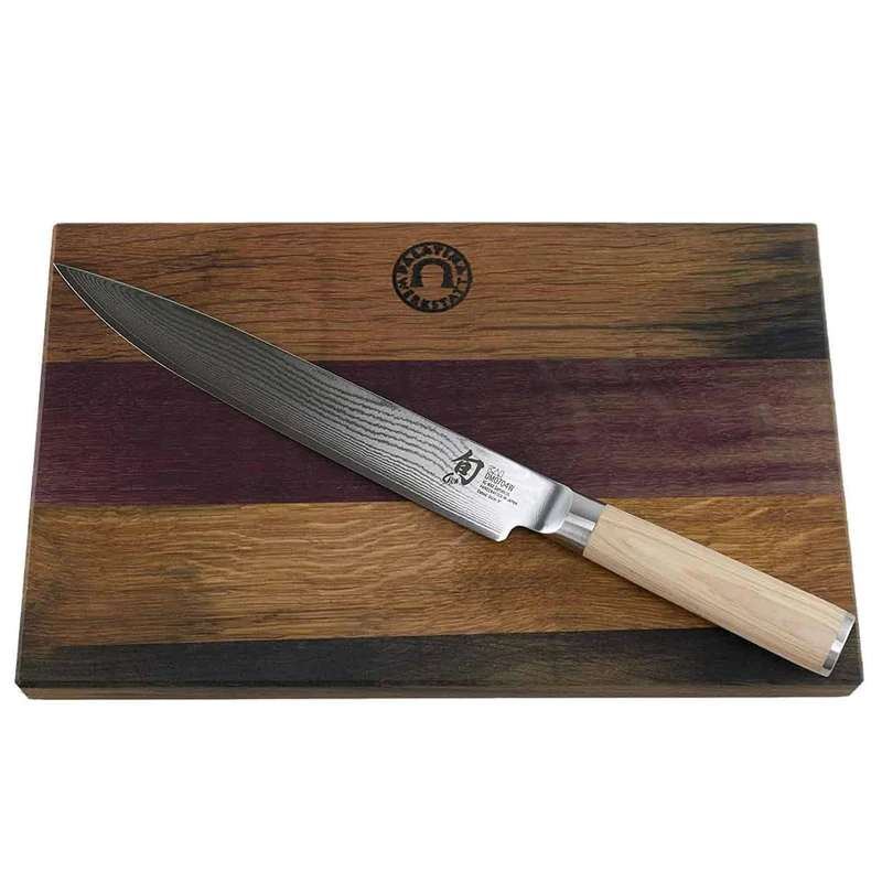 Kai Shun Classic White DM-0704W Schinkenmesser | Damast Klinge 23 cm + Fassholz Küchenbrett 30x18 cm