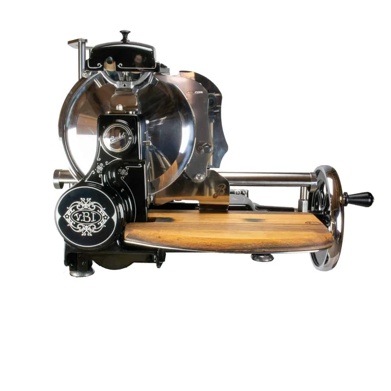 Berkel Volano Tribute Schwarz, Aufschnittmaschine mit Blumenschwungrad+ Einlegebrett aus Fassholz