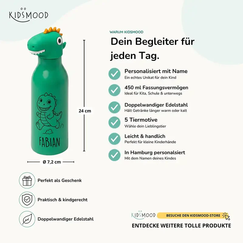 Personalisierte Trinkflasche Kinder Dino – 450 ml