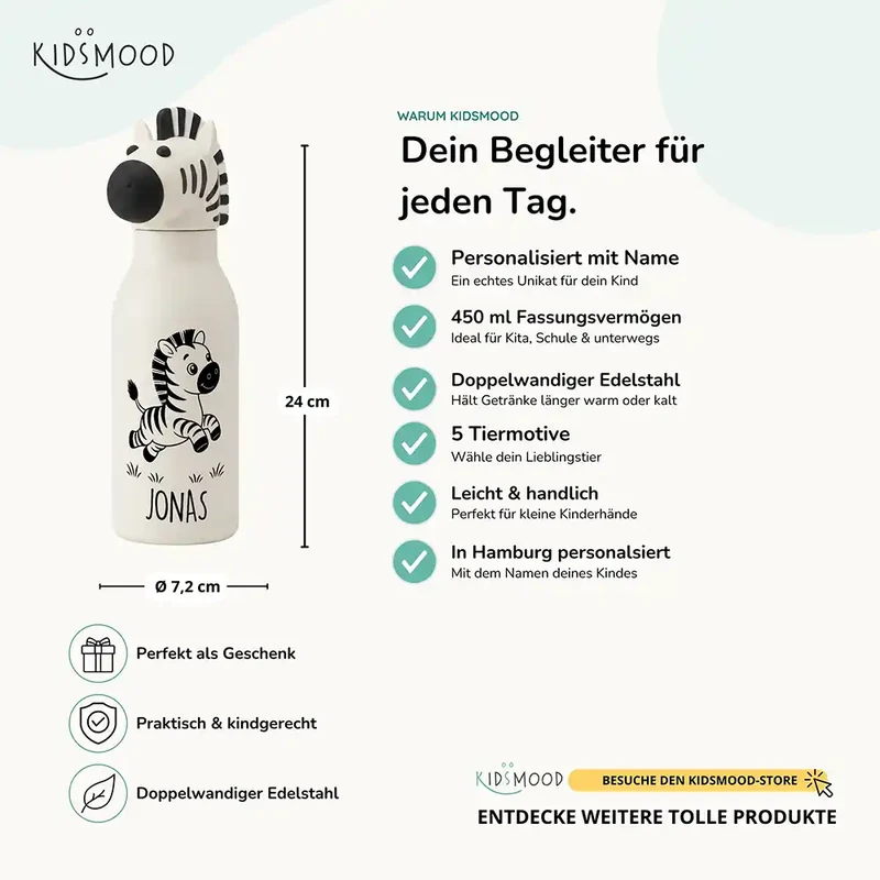 Personalisierte Trinkflasche Kinder Zebra – 450 ml