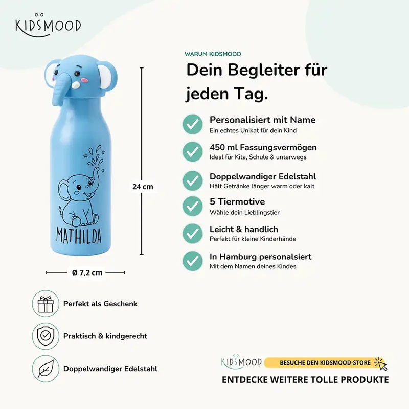Personalisierte Trinkflasche Kinder Elefant – 450 ml
