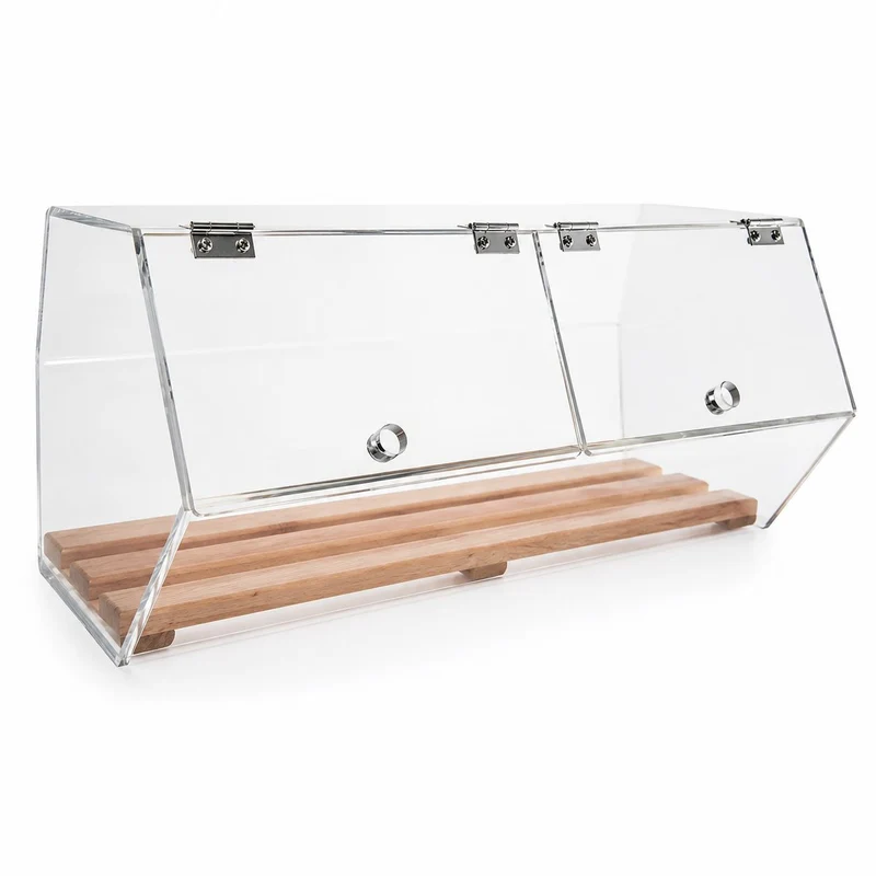 Brötchenspender Acryl mit Holzrost – Hygienische Brötchenschütte für Bäckerei, Buffet & Imbiss