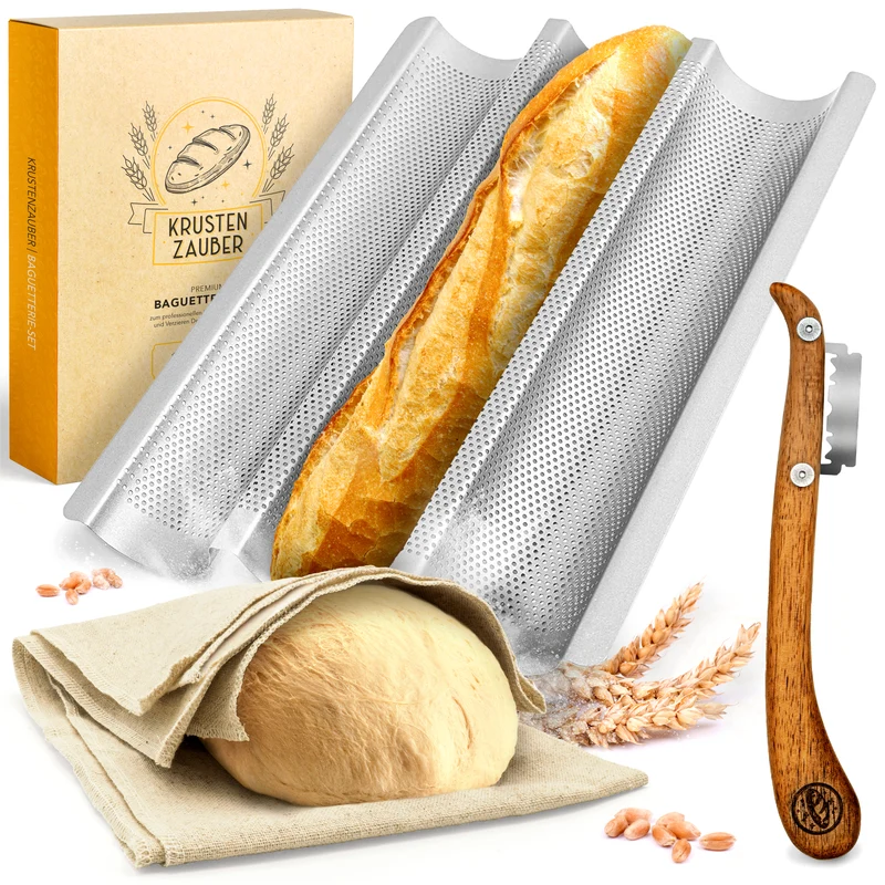 Baguette Backform (3 Mulden) + Bäckermesser + Bäckerleinen
