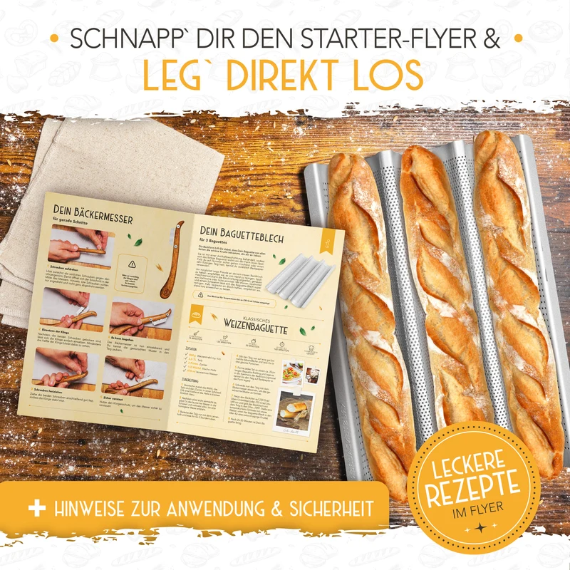 Baguette Backform (3 Mulden) + Bäckermesser + Bäckerleinen