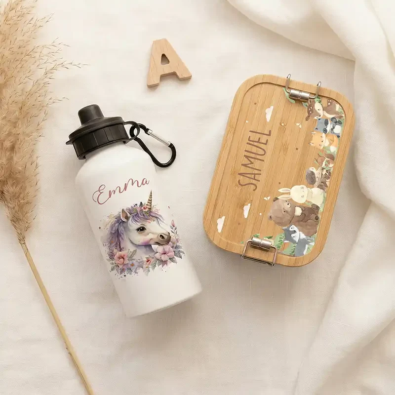 Personalisierte Trinkflasche Kinder – Einhorn Blumenkranz