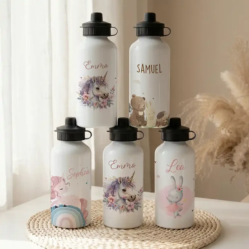 Personalisierte Trinkflasche Kinder – Einhorn Blumenkranz