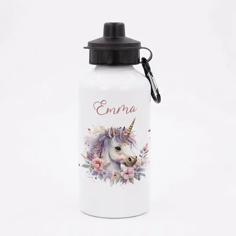 Personalisierte Trinkflasche Kinder – Einhorn Blumenkranz