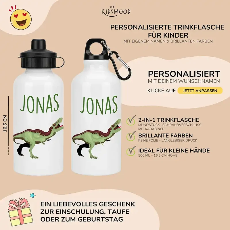 Personalisierte Trinkflasche Kinder – Dino T-Rex