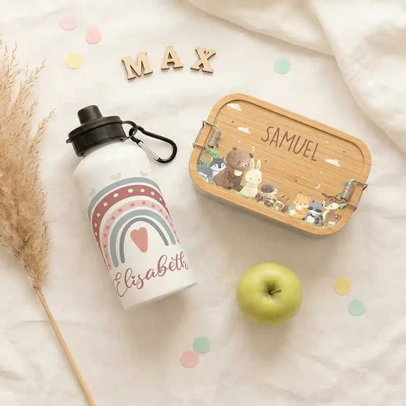 Personalisierte Trinkflasche Kinder – Boho-Regenbogen Herzen