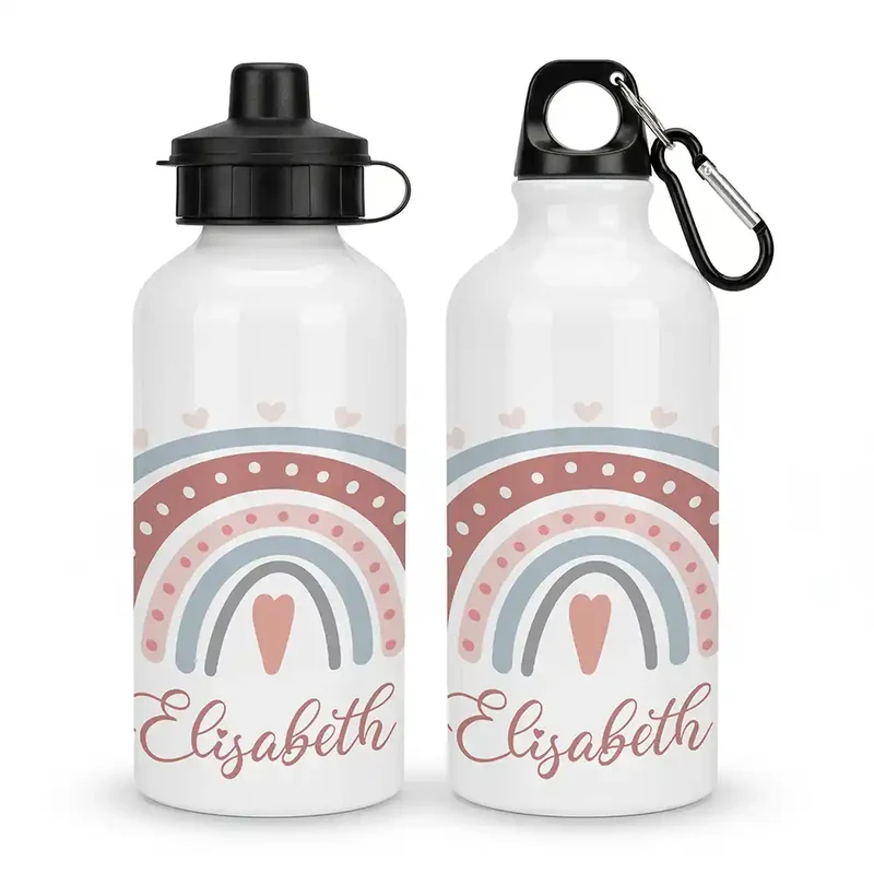 Personalisierte Trinkflasche Kinder – Boho-Regenbogen Herzen