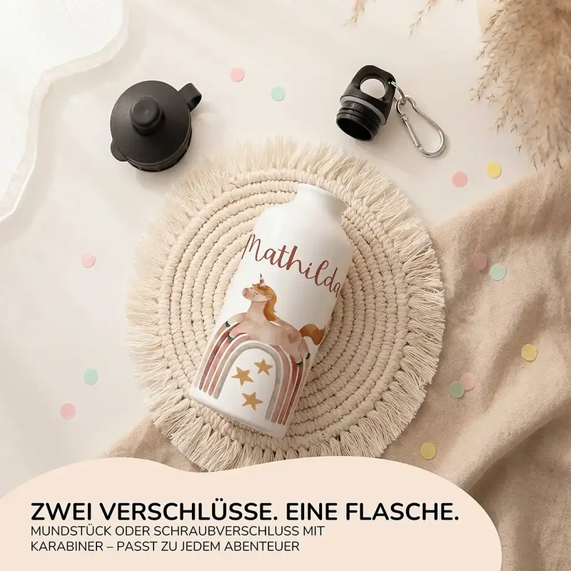 Personalisierte Trinkflasche Kinder – Einhorn Boho-Regenbogen