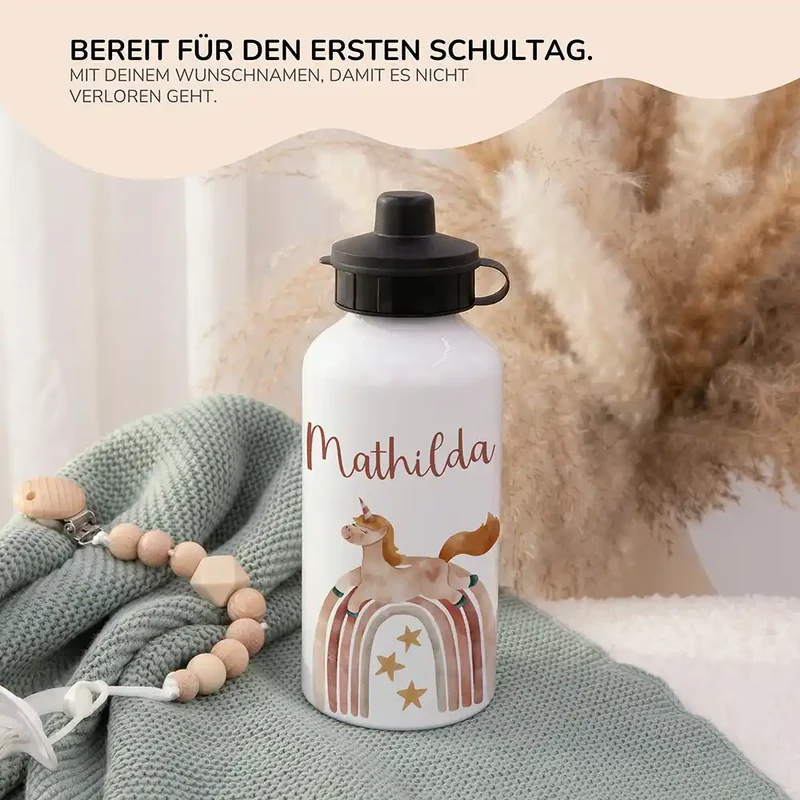 Personalisierte Trinkflasche Kinder – Einhorn Boho-Regenbogen