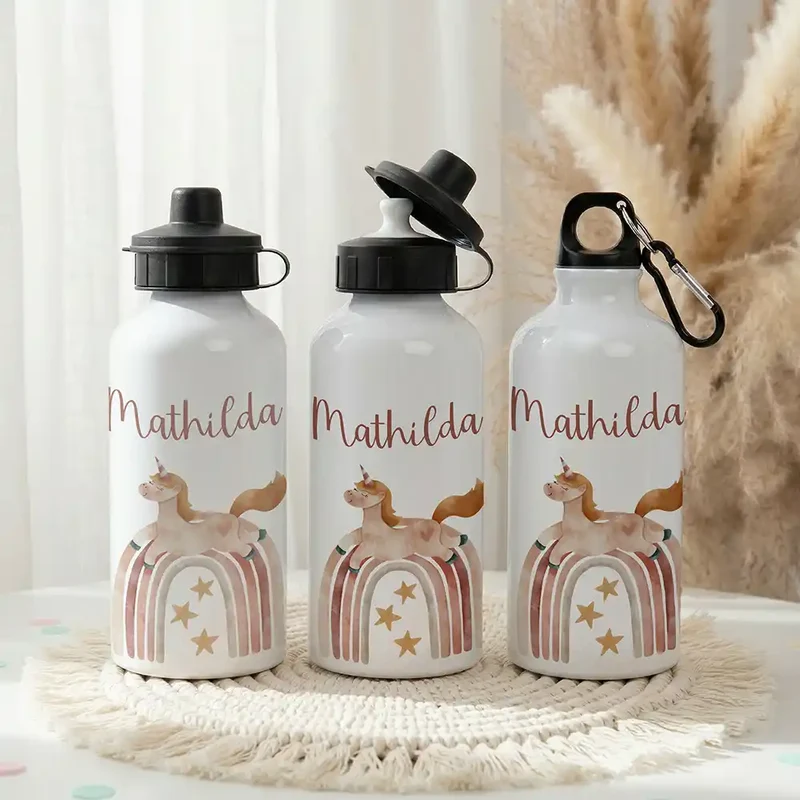 Personalisierte Trinkflasche Kinder – Einhorn Boho-Regenbogen