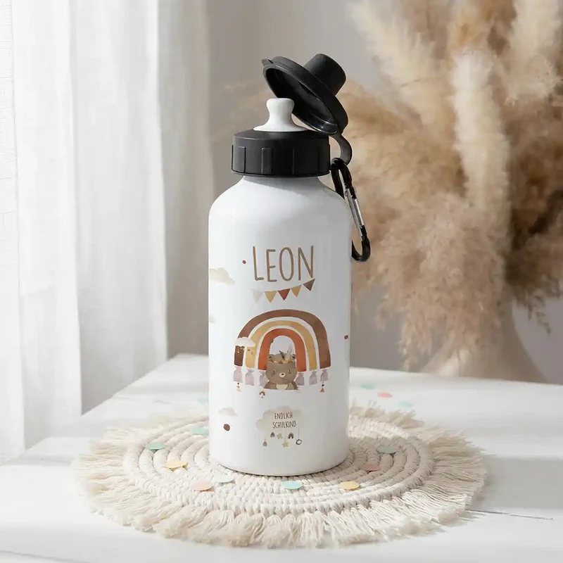 Personalisierte Trinkflasche Kinder – Bär Regenbogen Schulkind