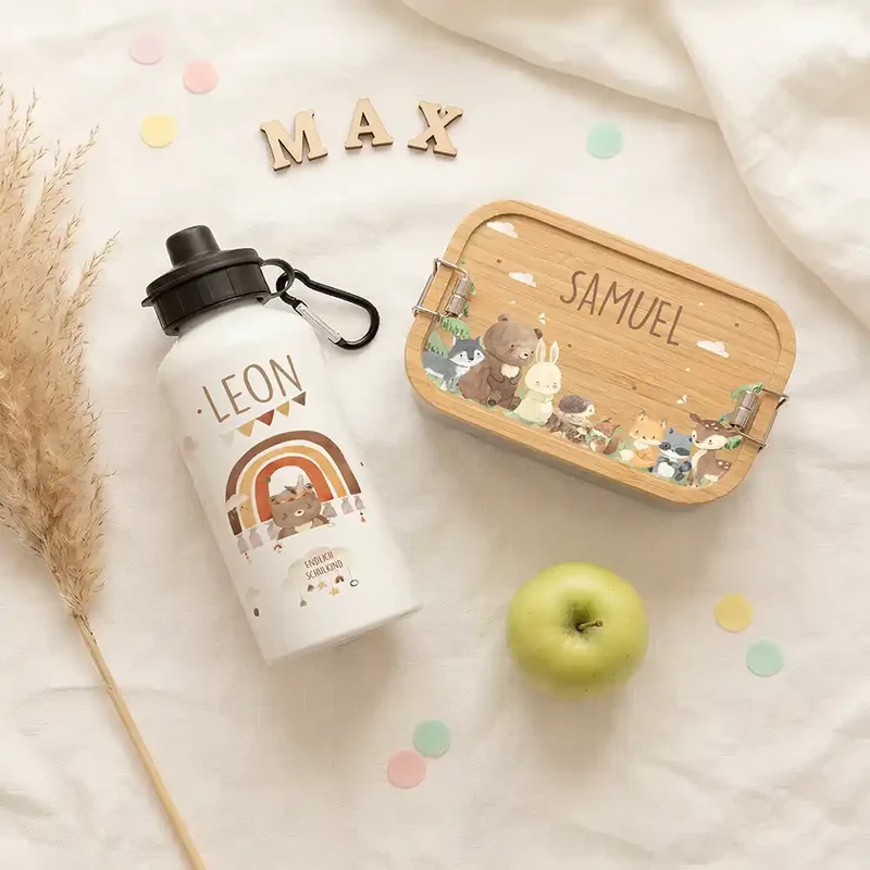 Personalisierte Trinkflasche Kinder – Bär Regenbogen Schulkind