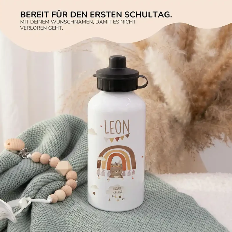 Personalisierte Trinkflasche Kinder – Bär Regenbogen Schulkind