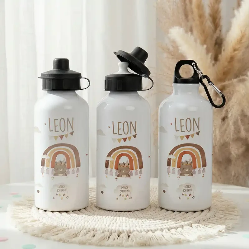 Personalisierte Trinkflasche Kinder – Bär Regenbogen Schulkind