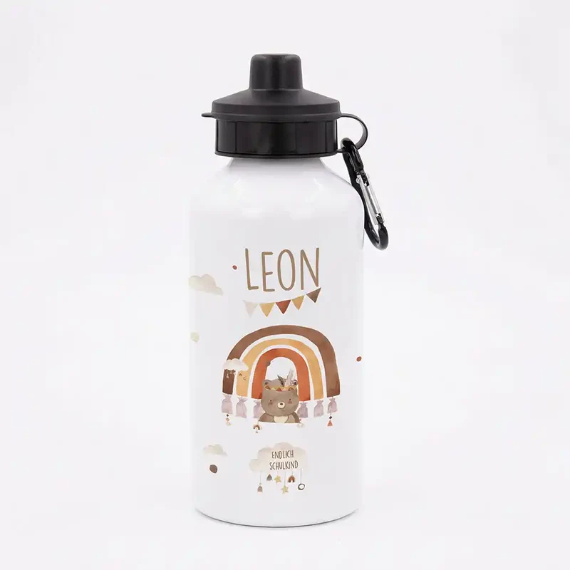 Personalisierte Trinkflasche Kinder – Bär Regenbogen Schulkind