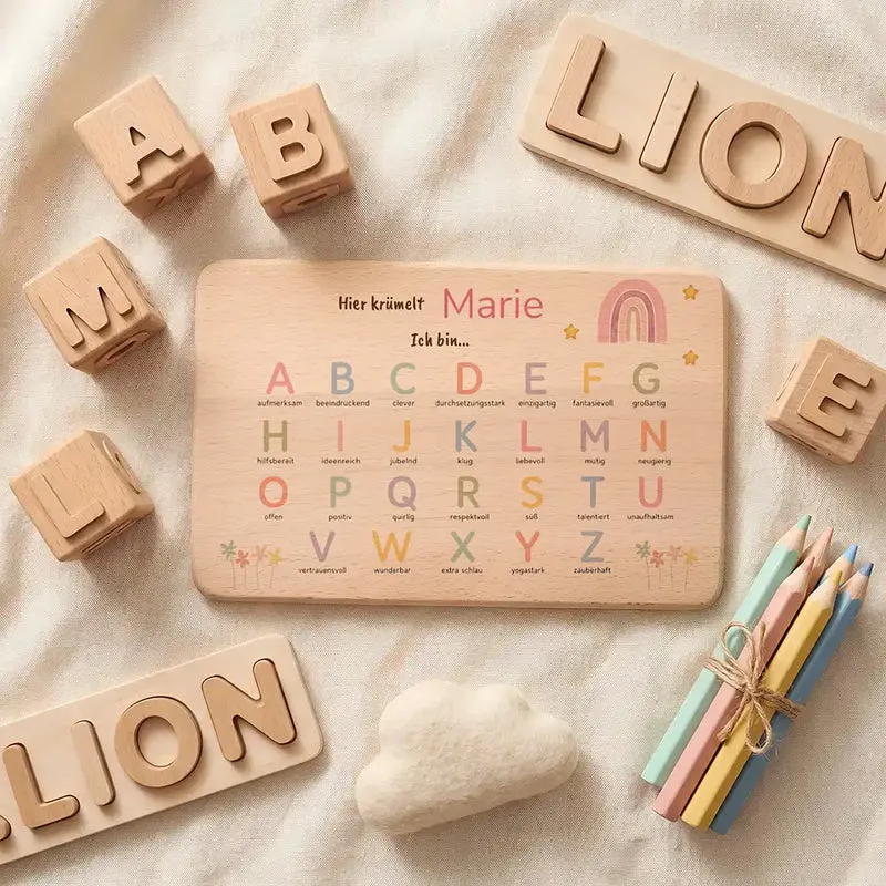 ABC Brettchen Kinder personalisiert – Regenbogen pastell
